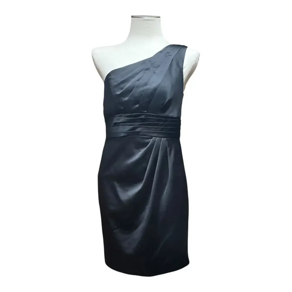 David's Bridal One Shoulder Satin Dress Pleated Bodice F44358 Black 8